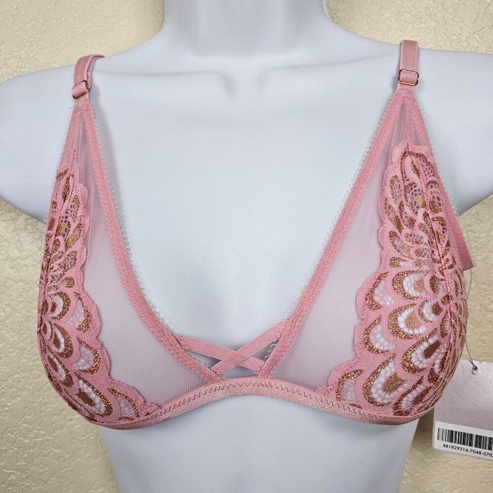 Savage X Fenty Bra Unlined Pink Metallic Gold Lace Mesh Wireless Women's S NWT
